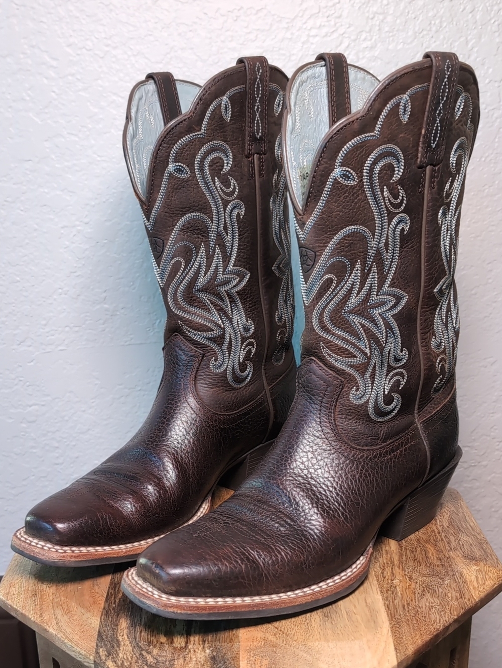 Ariat Dark Brown Leather Western Cowgirl Boots with Blue Stitching